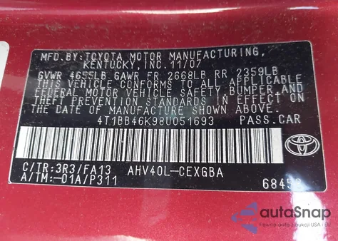 2008 Toyota Camry Hybrid z USA, uszkodzony, nr VIN 4T1BB46K98U051693